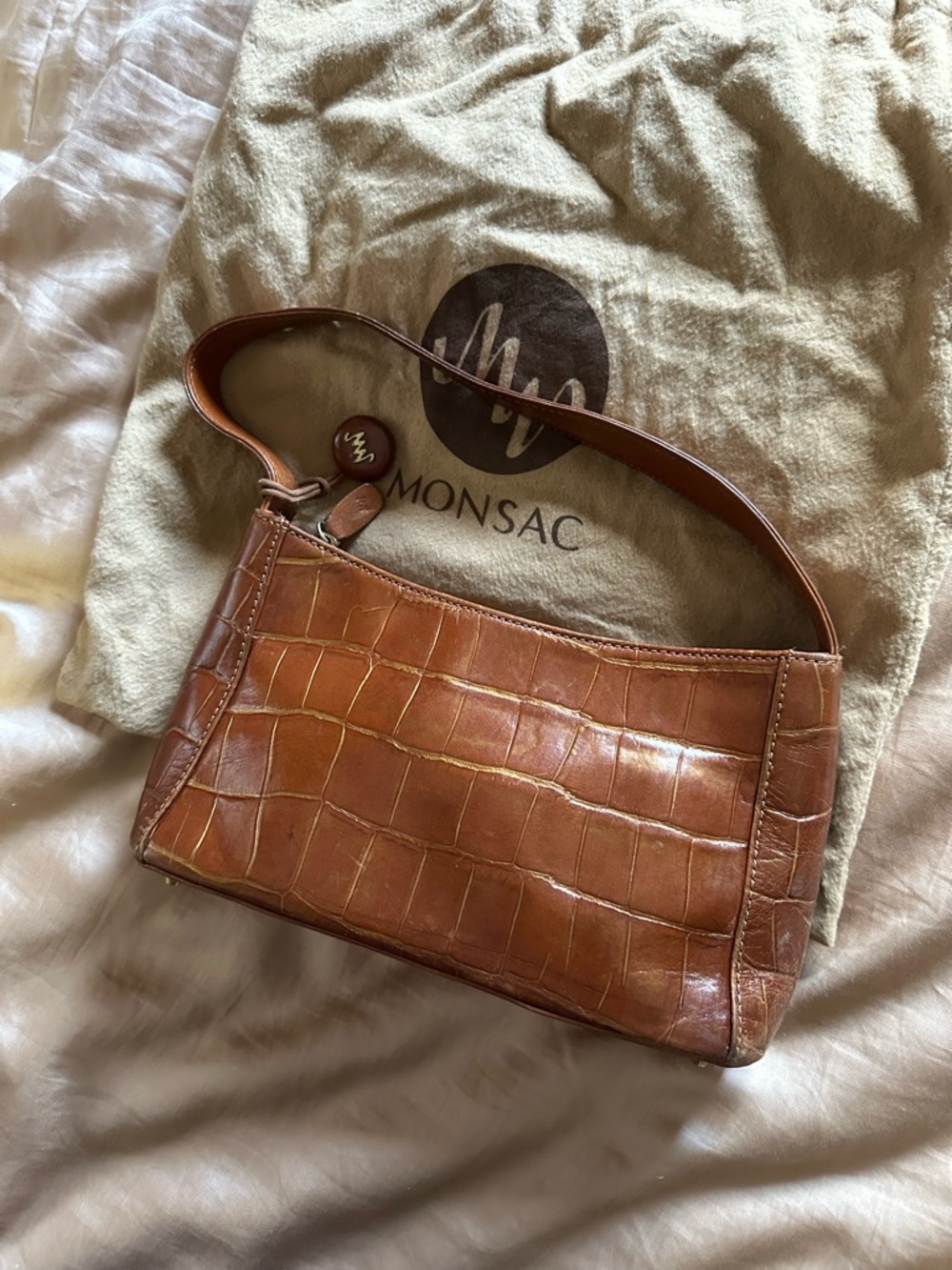 MONSAC Caramel Croc-Embossed Shoulder Bag with Gold Detailing
